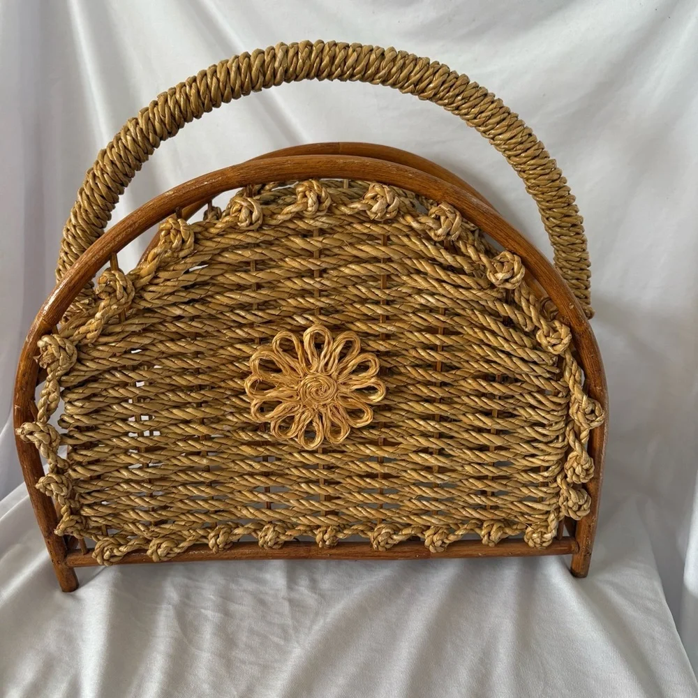 Vintage 70s rattan wicker magazine rack flower tan boho cottagecore home decor